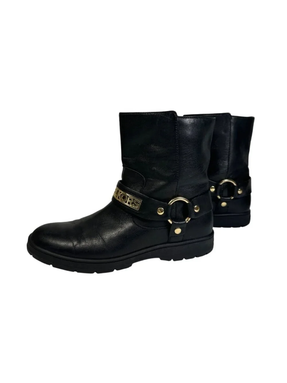 MICHAEL KORS ESSEX ICONIC BLACK GOLD LOGO MOTO BIKER BOOTS Size 7M - Picture 4 of 13